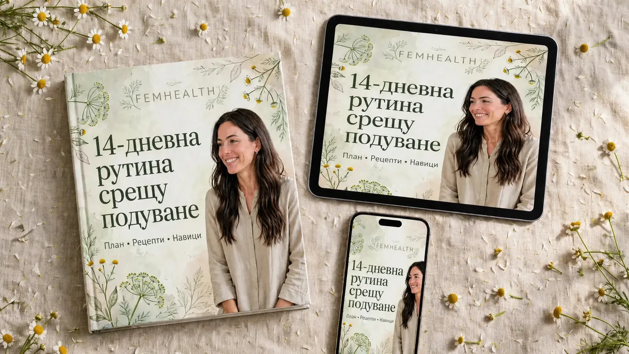 14-дневна рутина срещу подуване — книга, таблет и смартфон